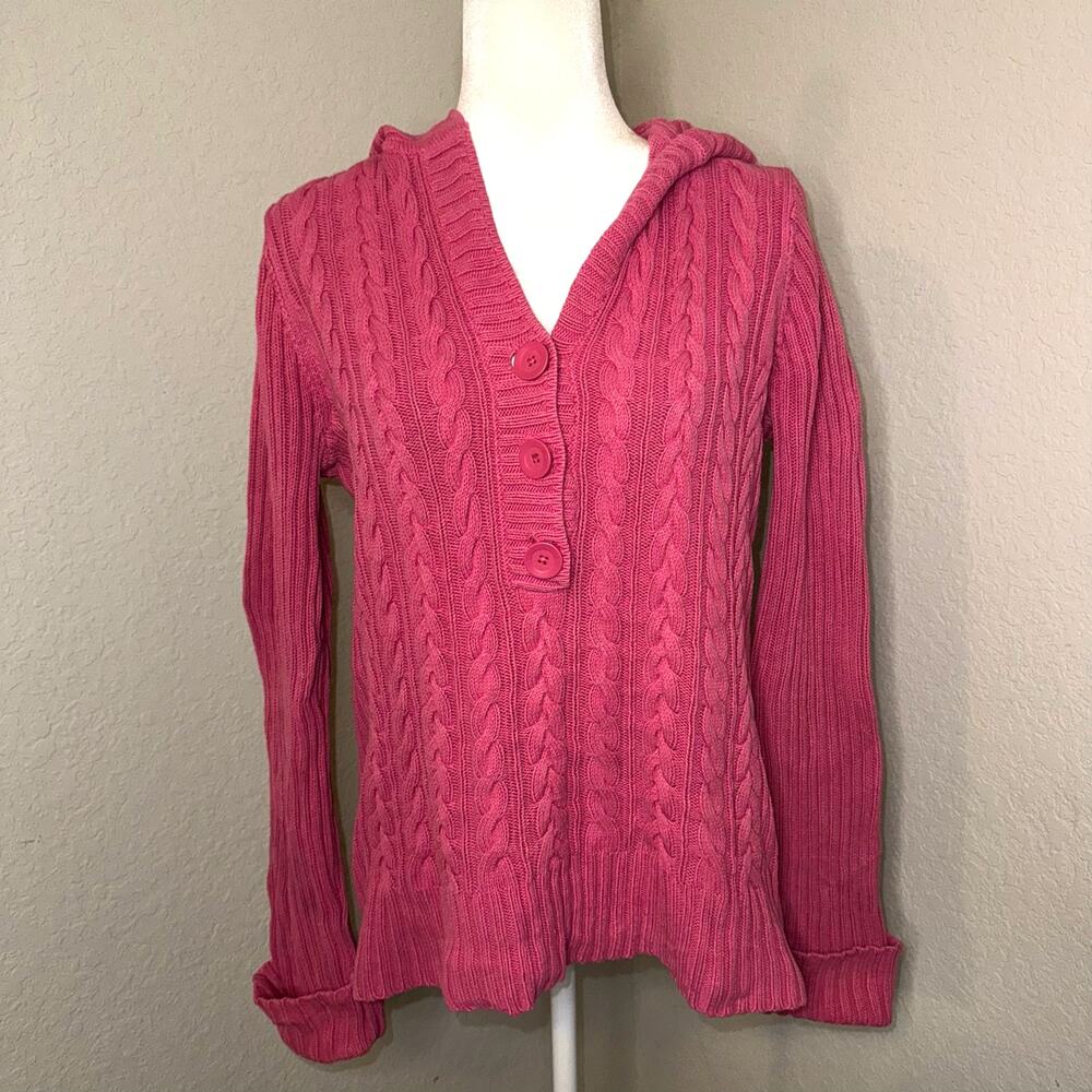 Jones New York Sport Hot Pink Hooded Cable Knit Y2K Sweater Women's Size Large